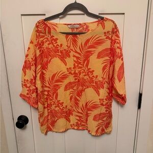 JAMAICA JAXX Top Yellow Floral Tropical Tunic Scoop Neck 1/2 Sleeve